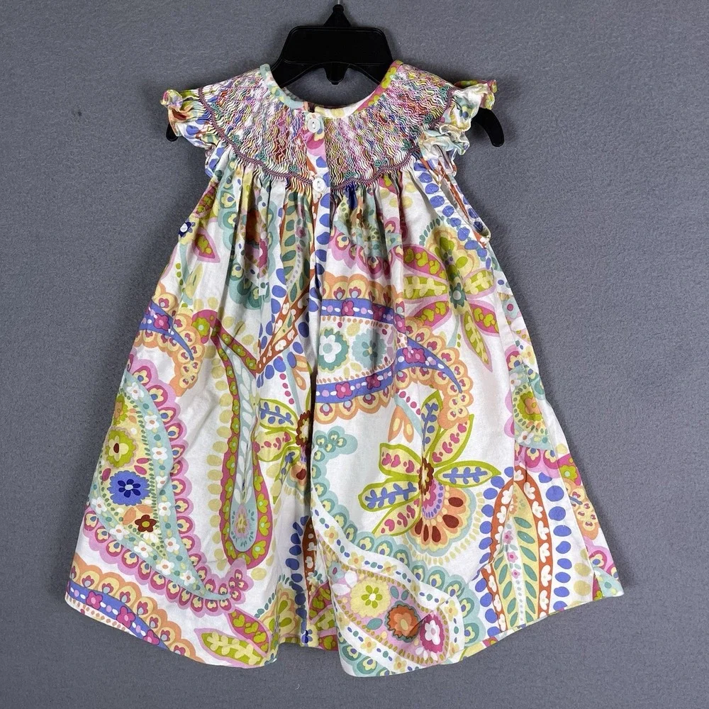 Little Threads Floral Paisley Hand Smocked Dress Size 12M Preppy